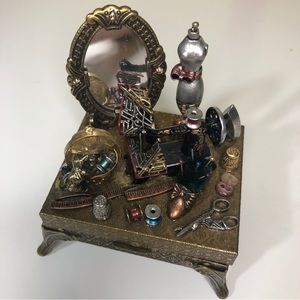 VTG Sweet Romance Trinket Box Fashion Seamstress ￼Sewing Mixed Brass Pewter